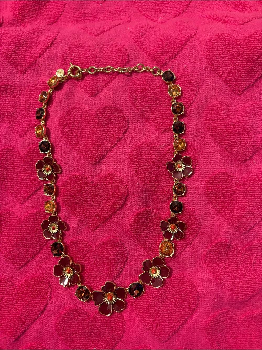 Gold-Tone Red & Amber Flower Necklace